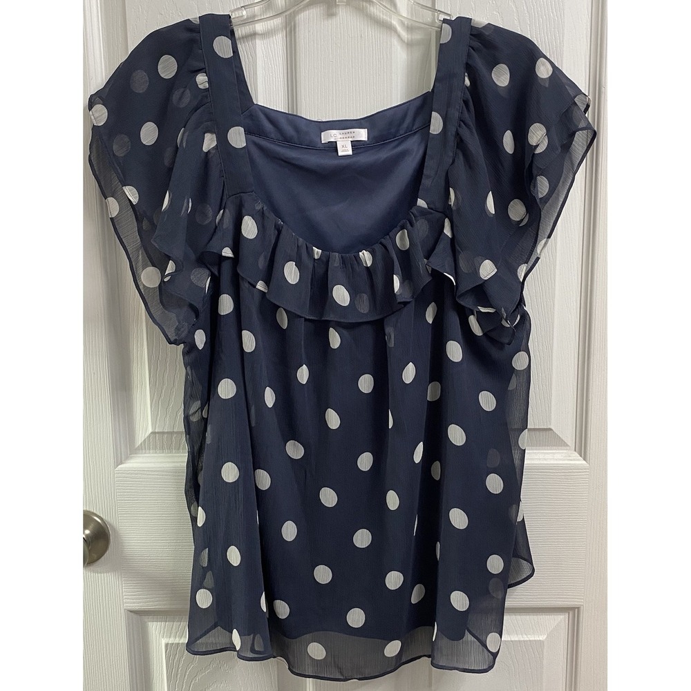Lauren Conrad Women Cap Sleeve Blouse Polka Dot Pullover Top Blue/White Tunic XL - Picture 1 of 6